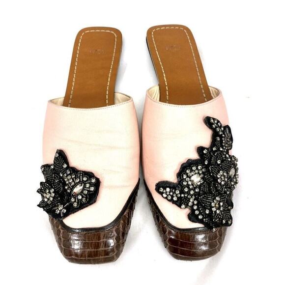 No21 black 8 38 Blush Leather Snake Floral Embellish slip on mule flat shoe $695 - Picture 1 of 9